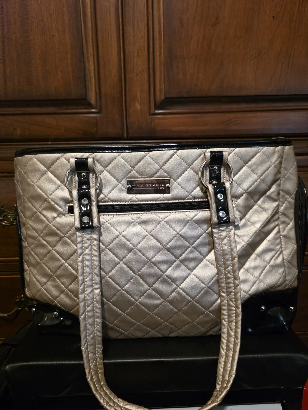 Max Studio Quilted Metallic Beige Tote with Black Trim